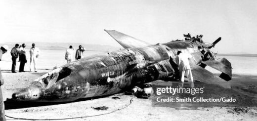 An Air Force team gathers around an X-15 rocket-powered aircraft crash at Mud Lake, Nevada, November 9, 1962. Image courtesy National Aeronautics and Space Administration (NASA). (Photo by Smith Collection/Gado/Getty Images)